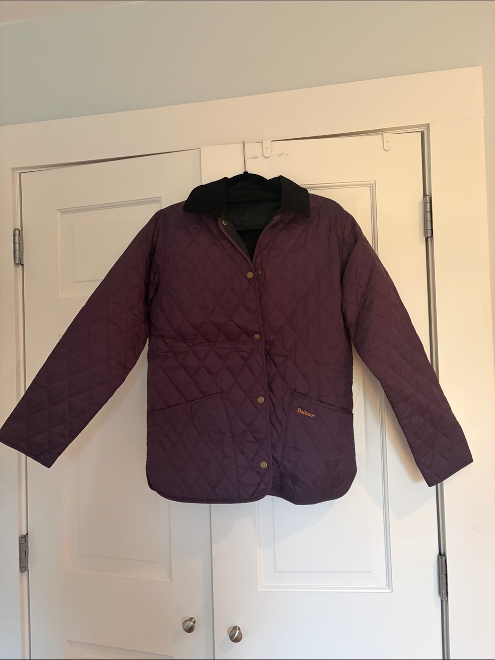 Barbour Quilted Purple Utility Jacket with Black Corduroy Collar